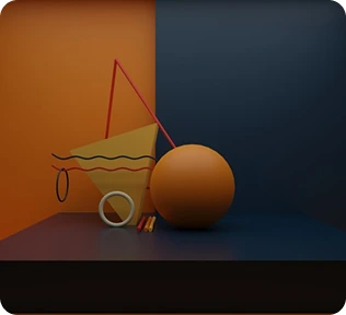 Minimal geometric still life with spheres and shapes in an orange and navy room.